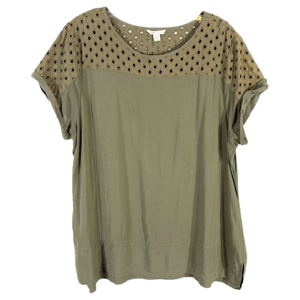 Cato Plus Size‎ 18 20 Top Olive Green Short Cap Sleeve Eyelet Crew Neck 1657